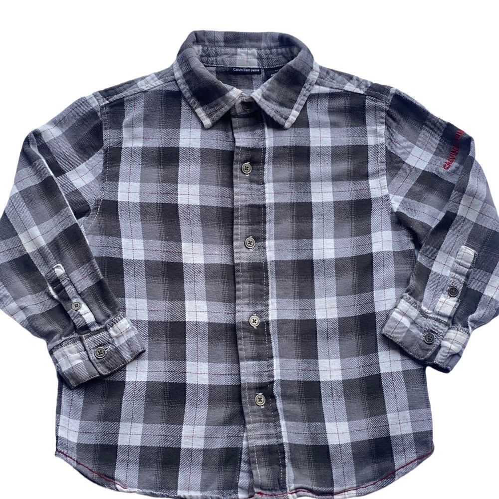 Calvin Klein Boys Long Sleeve Gray Plaid Button Down Shirt